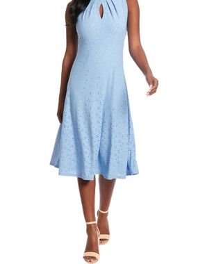 London Times Light Blue Eyelet Midi Dress with Keyhole Neckline